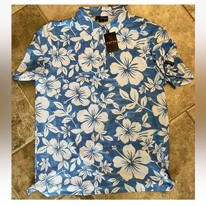 Mens YATTA Golf Polo Shirt- large. Lightweight. Blue and white Kahakai Print,